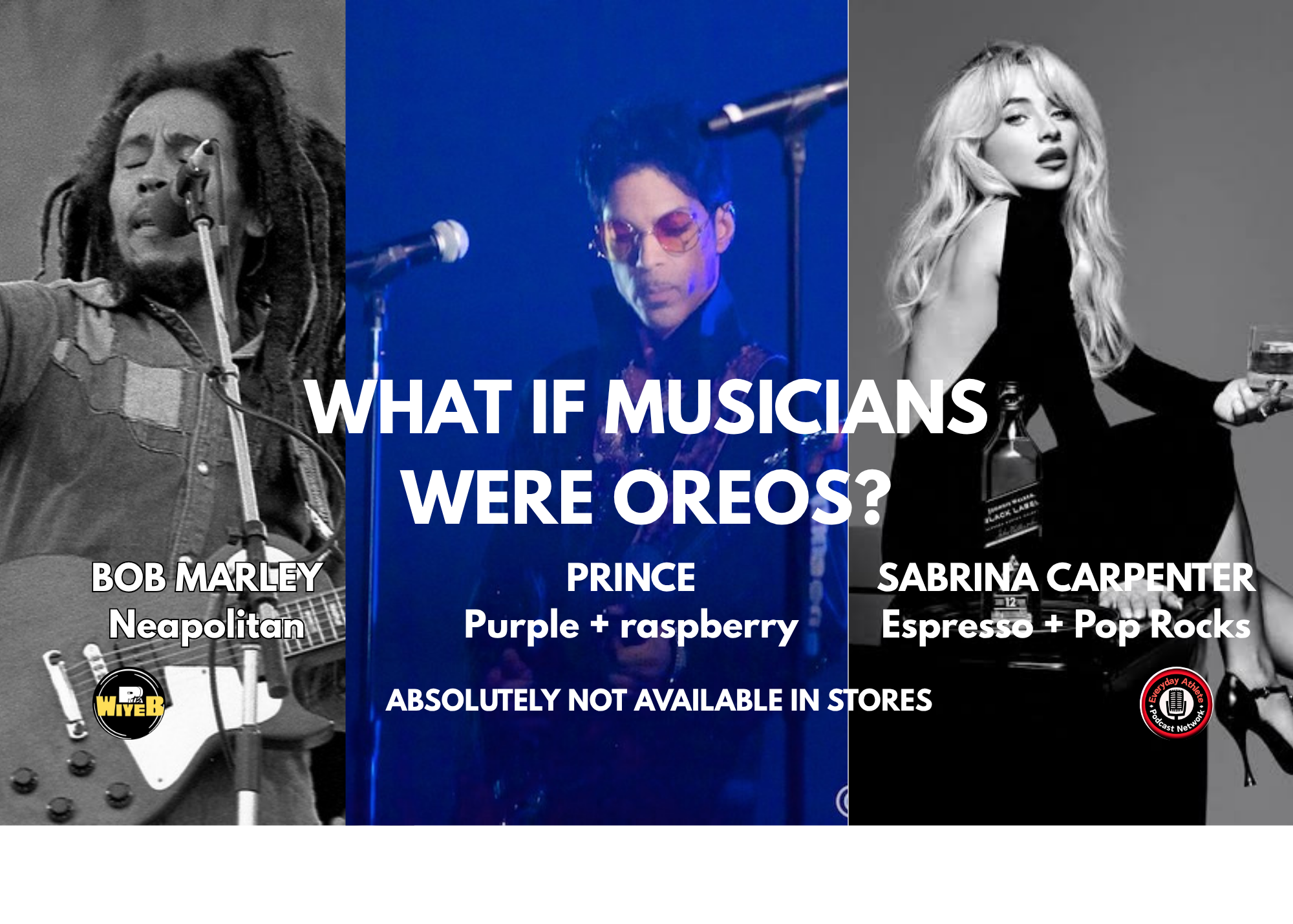 Bob Marley, Prince and Sabrina Carpenter pictured with fictional Oreo flavors: Neapolitan, purple raspberry, and espresso Pop Rocks, for What’s In Your Earbuds?