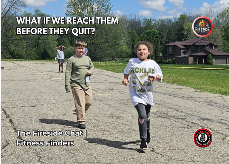 Two children running outdoors during a youth Fitness Finders activity.