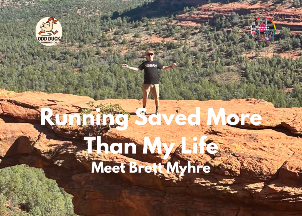 Brett Myhre, known as the Wicked Sobah Runnah, stands on a red rock overlook in Sedona during his running recovery journey. The Odd Duck Running feature explores how sobriety, community, and a 2,000-day run streak transformed his life.