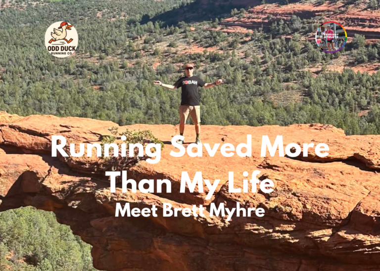 Brett Myhre, known as the Wicked Sobah Runnah, stands on a red rock overlook in Sedona during his running recovery journey. The Odd Duck Running feature explores how sobriety, community, and a 2,000-day run streak transformed his life.