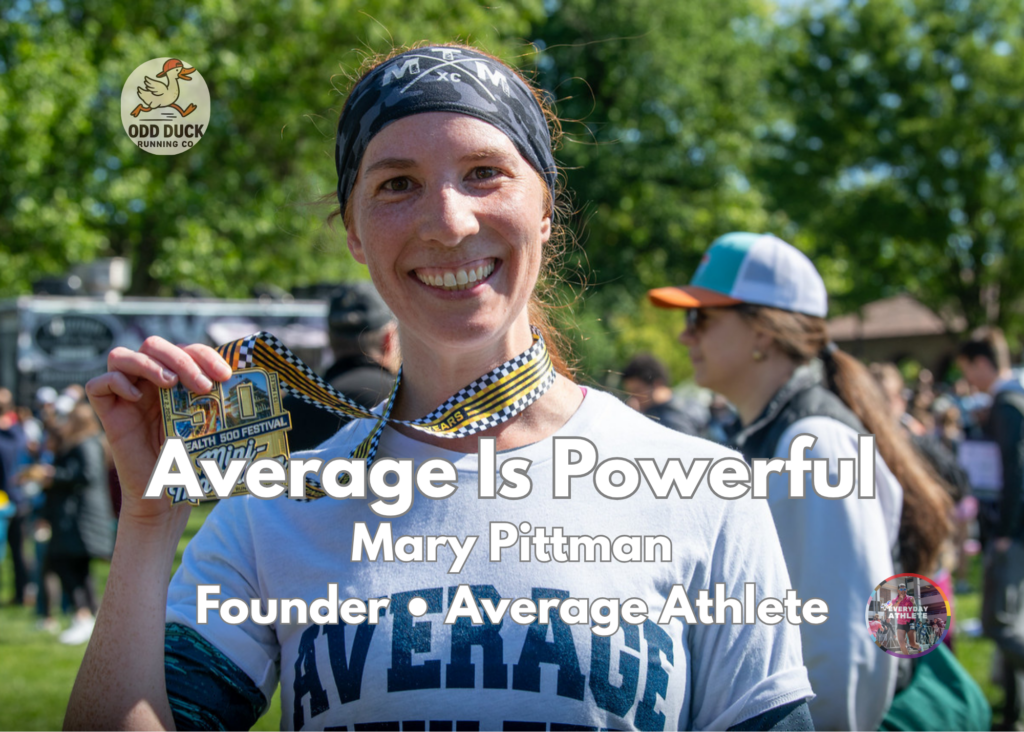 Mary Pittman smiles while holding her Indianapolis Mini Marathon medal wearing an Average Athlete shirt, celebrating the inclusive running community and everyday athlete journey.