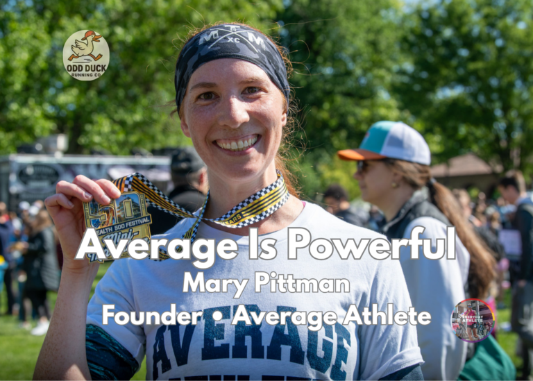 Mary Pittman smiles while holding her Indianapolis Mini Marathon medal wearing an Average Athlete shirt, celebrating the inclusive running community and everyday athlete journey.