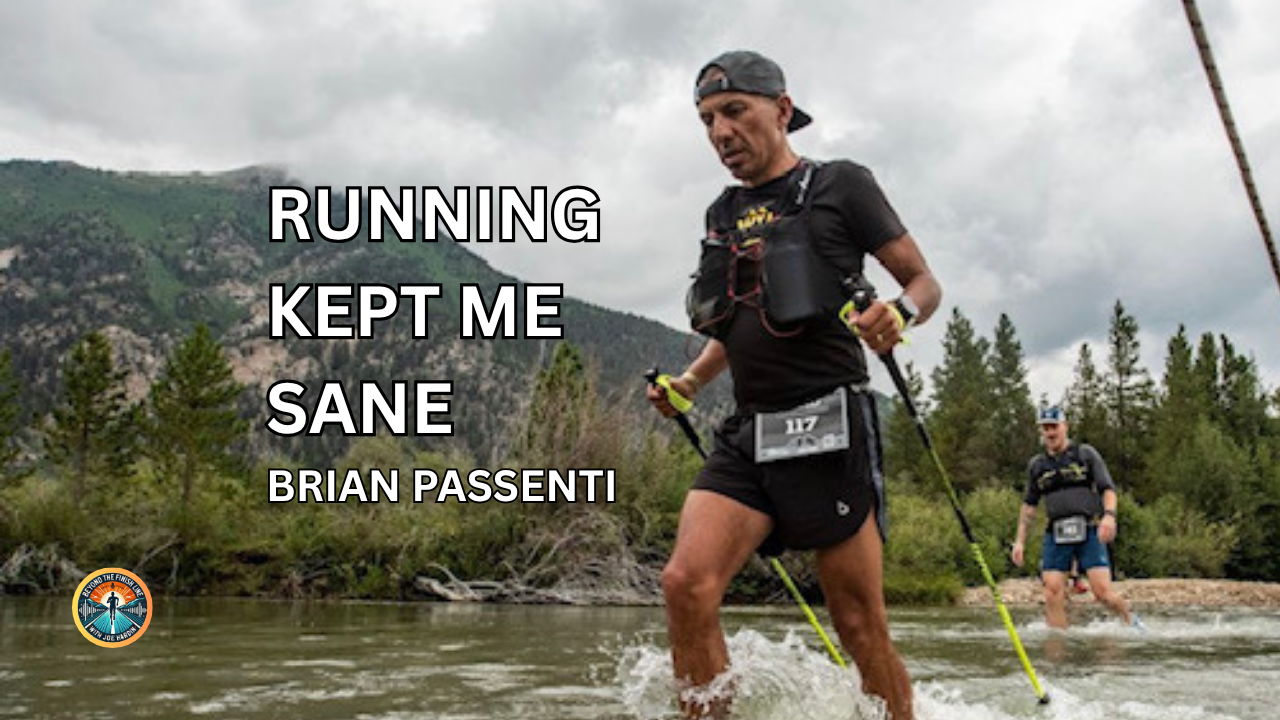 Brian Passenti crossing a mountain river with trekking poles during an ultrarunning event.