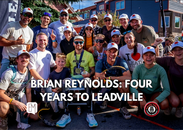 Brian Reynolds sits with his Leadville buckle, surrounded by members of the crew who supported his fourth attempt.