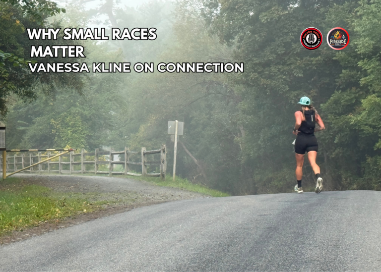 Ultrarunner Vanessa Kline running alone down a quiet, tree-lined road during a small race, beneath the headline “Why Small Races Matter: Vanessa Kline on Connection.”