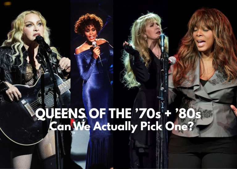 Collage representing Whitney Houston, Madonna, Stevie Nicks and Donna Summer for a debate about the queens of 1970s and 1980s music.