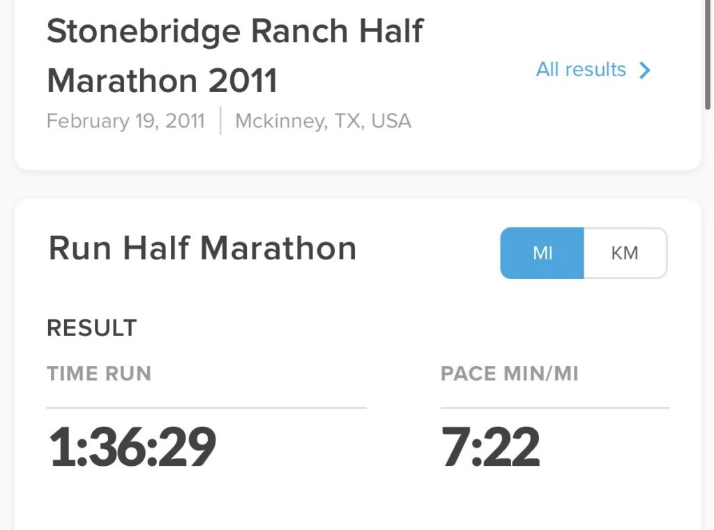 Stonebridge Ranch Half Marathon 2011 race result showing Jason Bahamundi’s 1:36:29 half-marathon PR in McKinney, Texas.