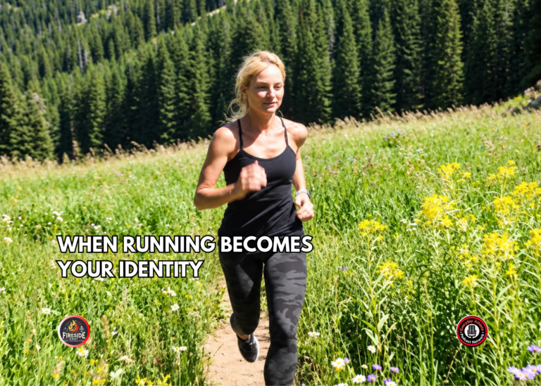 Sports psychology expert Dr. Haley Perlus smiling outdoors while running on a trail with pine trees in the background and a field of flowers