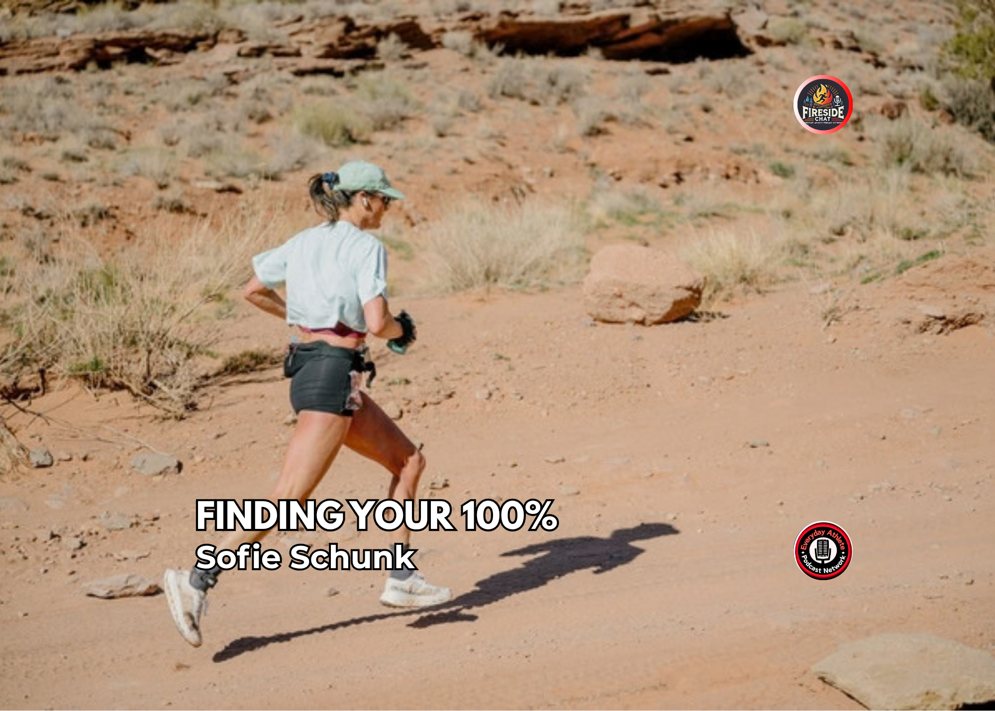 Ultrarunner Sofie Schunk running on a desert trail while training as an athlete with Type 1 diabetes.